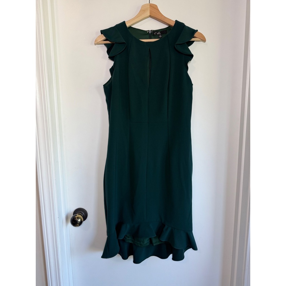 C. Luce Womens Forest Green Ruffle High-Low Sheath Wedding Guest Dress Size M
